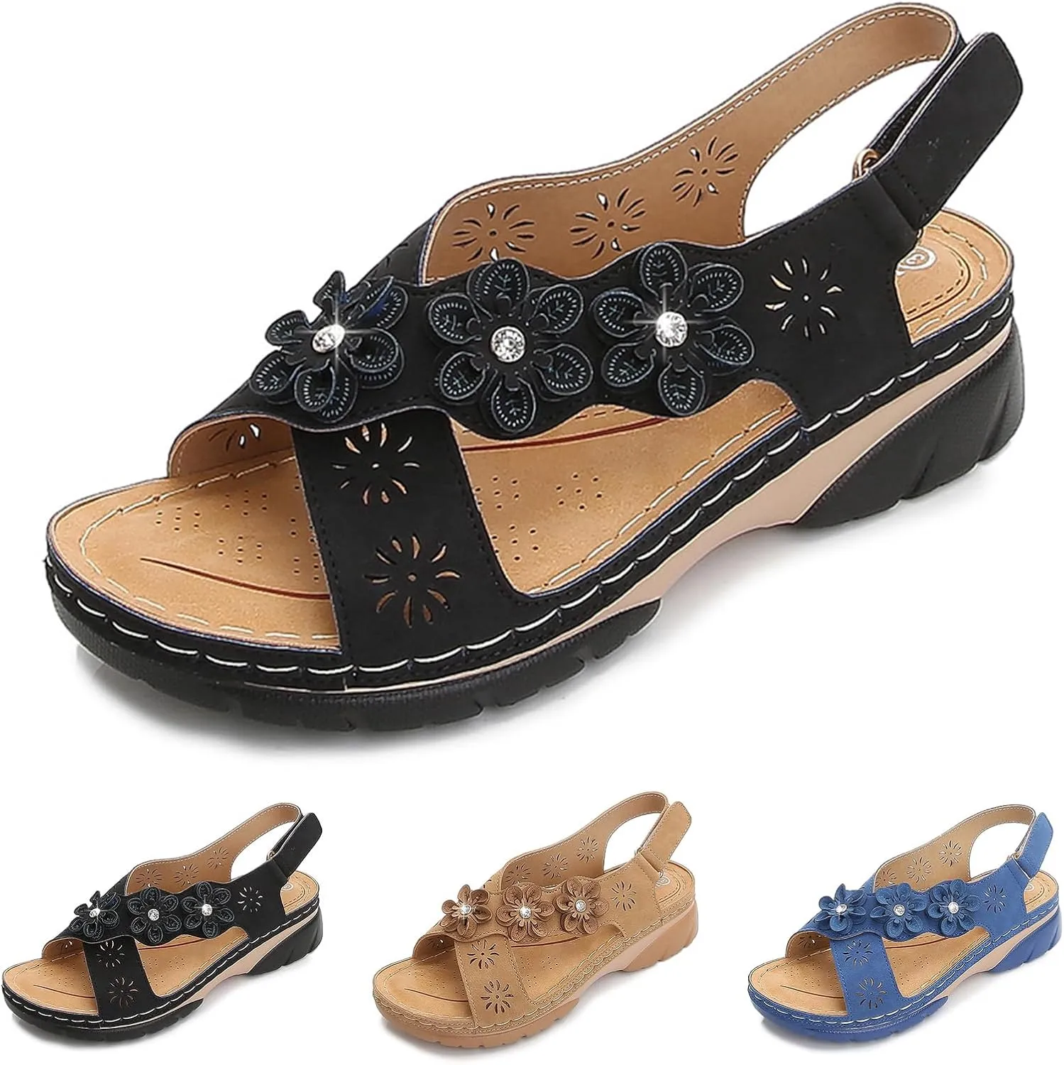 Women Comfortable Sandals Non Slip Orthopedic Walking Sandals Comfort Soft Cushion Low Wedge Sandal with Adjustable Buckle Ankle Strap Fashion Cross Strap Flower Jeweled Shoes