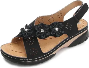 Women Comfortable Sandals Non Slip Orthopedic Walking Sandals Comfort Soft Cushion Low Wedge Sandal with Adjustable Buckle Ankle Strap Fashion Cross Strap Flower Jeweled Shoes