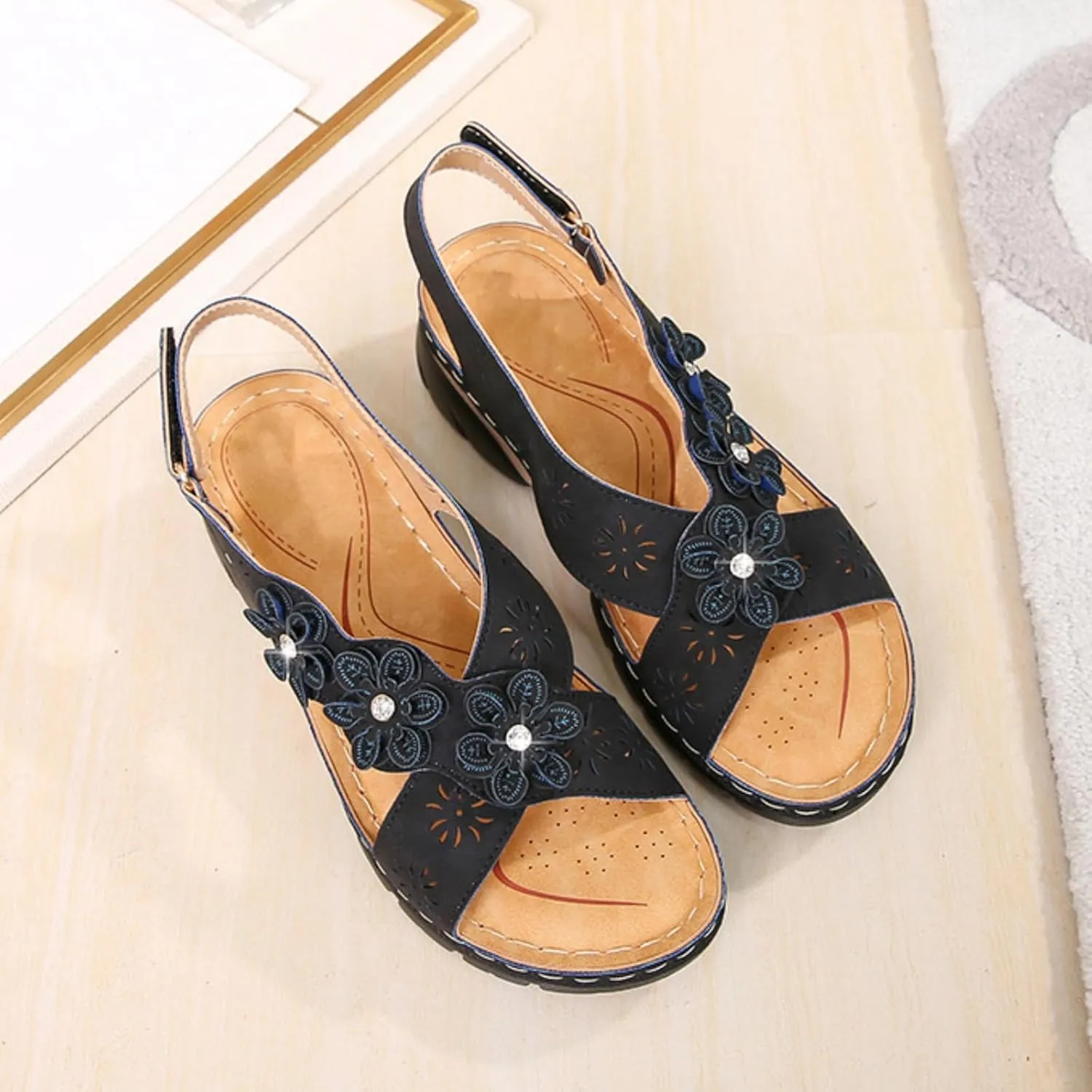 Women Comfortable Sandals Non Slip Orthopedic Walking Sandals Comfort Soft Cushion Low Wedge Sandal with Adjustable Buckle Ankle Strap Fashion Cross Strap Flower Jeweled Shoes