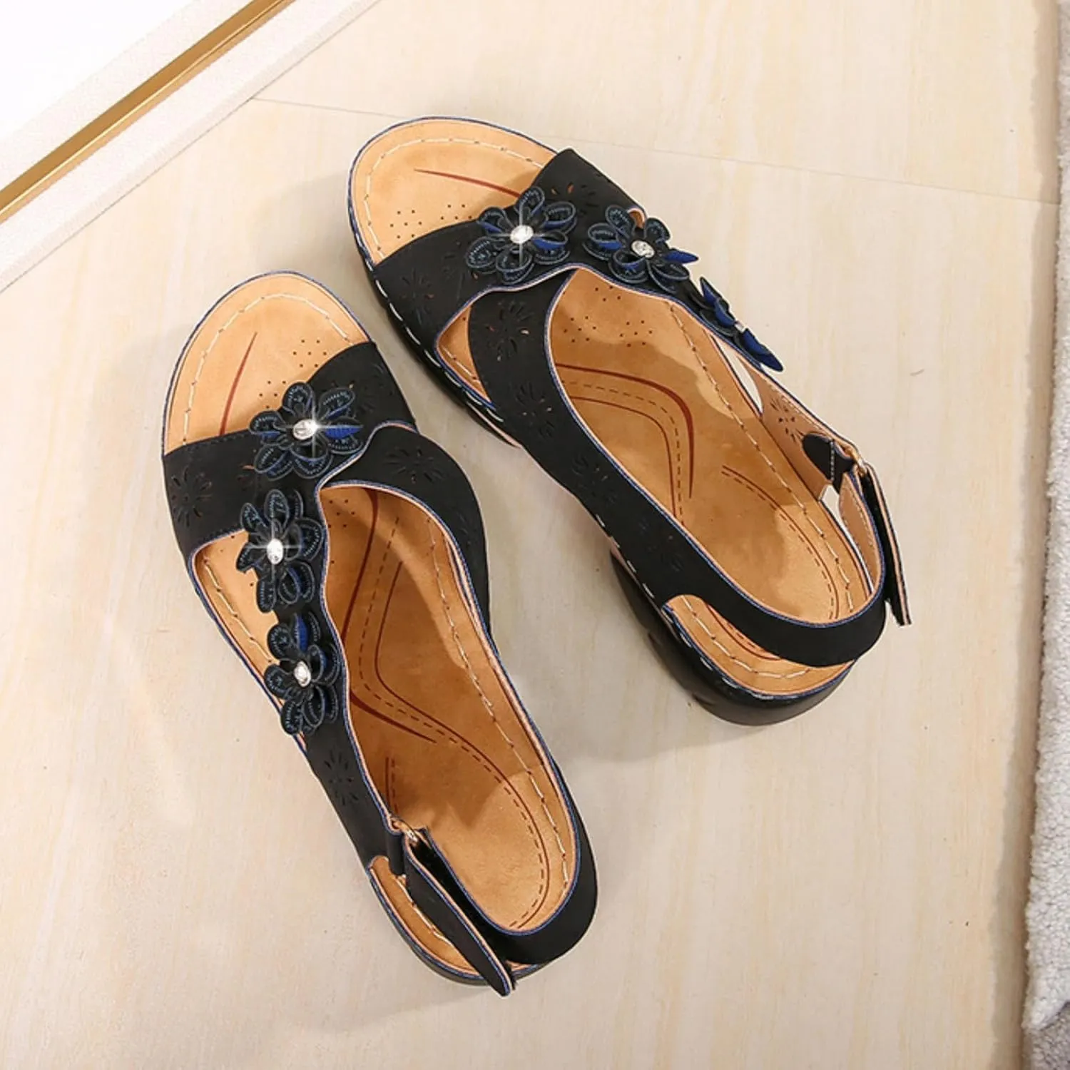 Women Comfortable Sandals Non Slip Orthopedic Walking Sandals Comfort Soft Cushion Low Wedge Sandal with Adjustable Buckle Ankle Strap Fashion Cross Strap Flower Jeweled Shoes