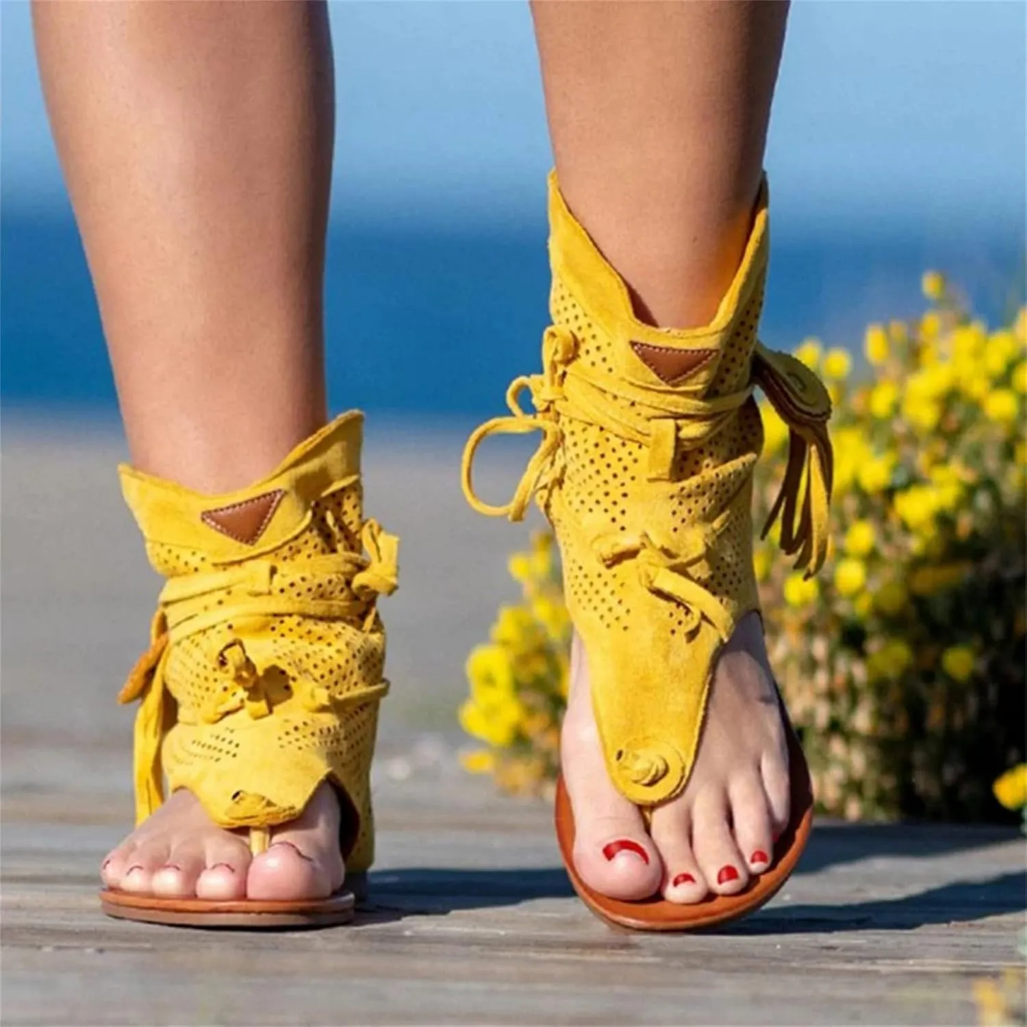 Women Gladiator Sandals Retro Bohemian Beach Roman Boots Tassel Flip Flops Wedge Sandals Dressy Open Toe Comfy Casual Summer High Heel Platform Breathable Beach Sandals,Brown,US11/EU43