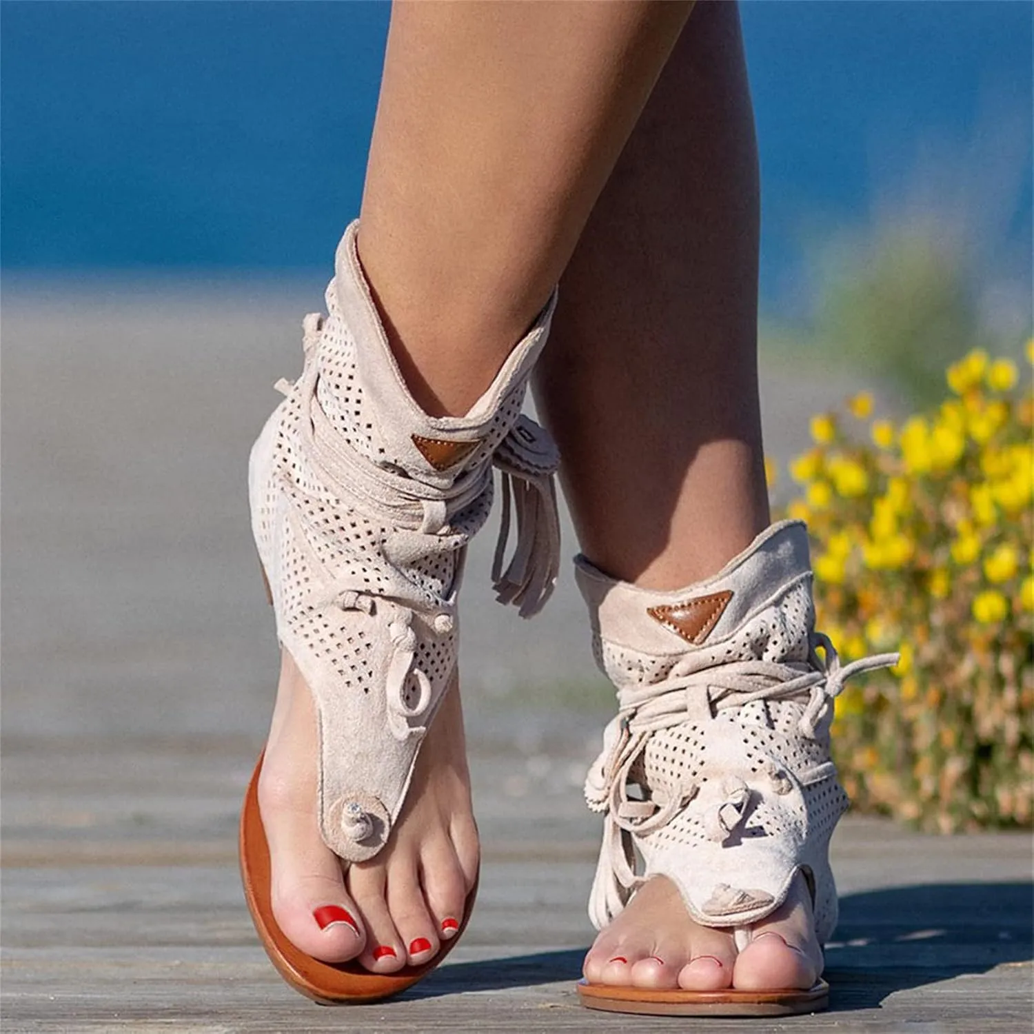 Women Gladiator Sandals Retro Bohemian Beach Roman Boots Tassel Flip Flops Wedge Sandals Dressy Open Toe Comfy Casual Summer High Heel Platform Breathable Beach Sandals,Brown,US11/EU43