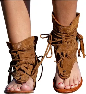 Women Gladiator Sandals Retro Bohemian Beach Roman Boots Tassel Flip Flops Wedge Sandals Dressy Open Toe Comfy Casual Summer High Heel Platform Breathable Beach Sandals,Brown,US11/EU43