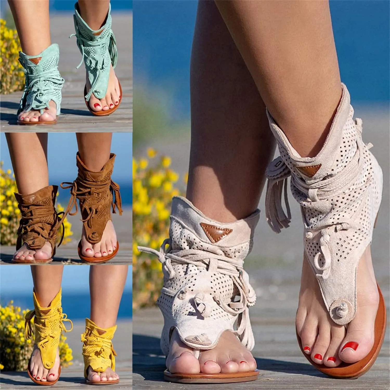 Women Gladiator Sandals Retro Bohemian Beach Roman Boots Tassel Flip Flops Wedge Sandals Dressy Open Toe Comfy Casual Summer High Heel Platform Breathable Beach Sandals,Brown,US11/EU43