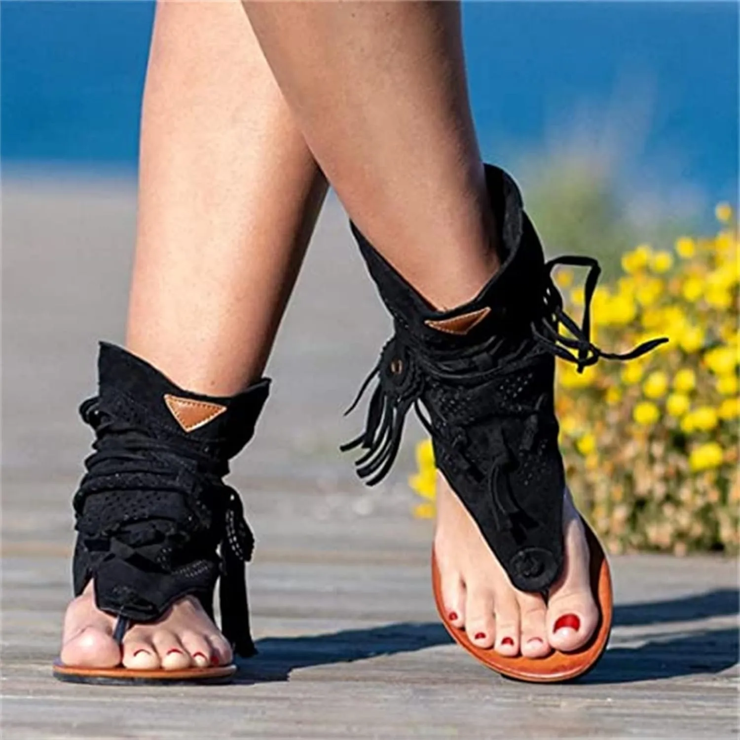 Women Gladiator Sandals Retro Bohemian Beach Roman Boots Tassel Flip Flops Wedge Sandals Dressy Open Toe Comfy Casual Summer High Heel Platform Breathable Beach Sandals,Brown,US11/EU43