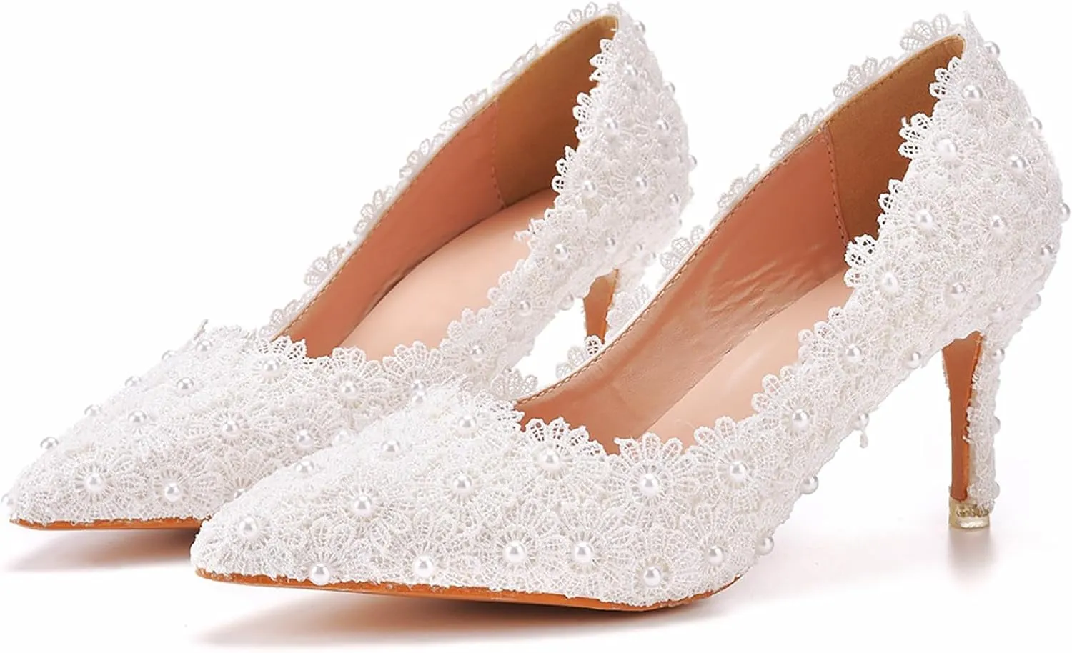 Women High Heel Pumps Pointed Closed Toe Sandals with Floral Lace Pearls Stiletto Heels Bridal Wedding Dress Shoes,White,43
