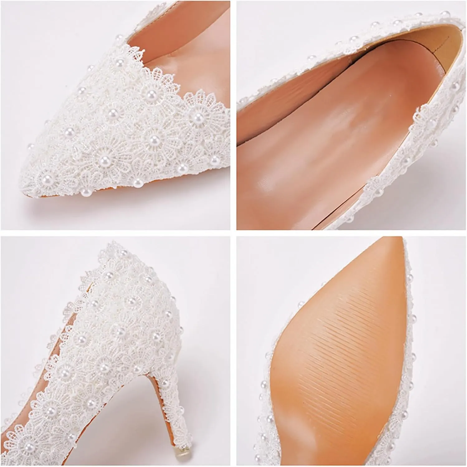 Women High Heel Pumps Pointed Closed Toe Sandals with Floral Lace Pearls Stiletto Heels Bridal Wedding Dress Shoes,White,43