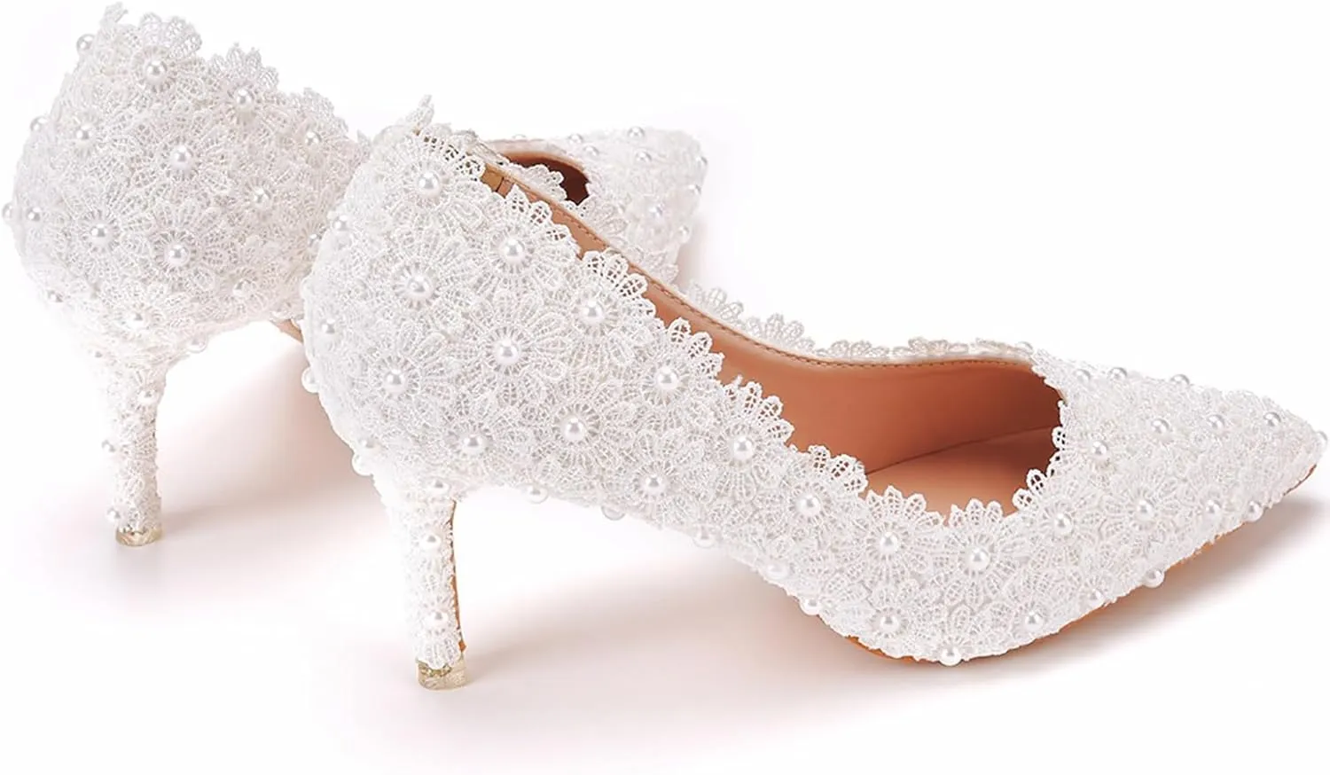 Women High Heel Pumps Pointed Closed Toe Sandals with Floral Lace Pearls Stiletto Heels Bridal Wedding Dress Shoes,White,43