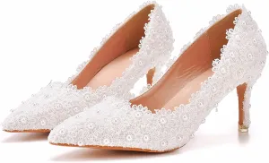 Women High Heel Pumps Pointed Closed Toe Sandals with Floral Lace Pearls Stiletto Heels Bridal Wedding Dress Shoes,White,43