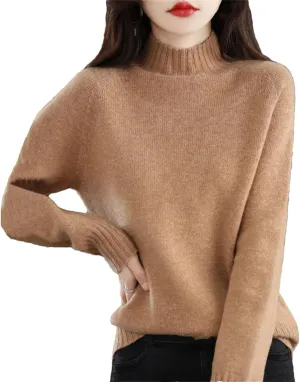Women Long Sleeve Cashmere Knitted Sweaters Spring Autume 100% Merino Wool Mock-Neck Pullover Tops
