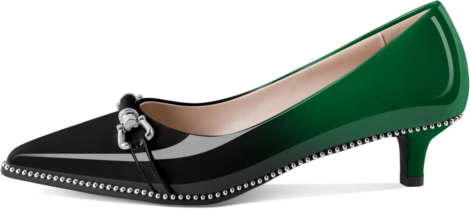 Women Low Heels Kitten Heel Pumps Ladies Beaded Pump Closed Pointd Toe Buckle Bow Shoes Slip On Office Wedding Work Evening 1.5 Inch Heel