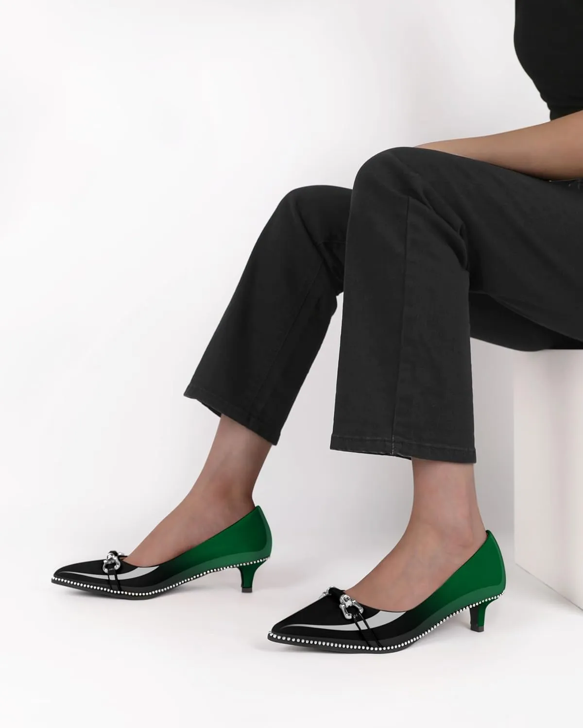 Women Low Heels Kitten Heel Pumps Ladies Beaded Pump Closed Pointd Toe Buckle Bow Shoes Slip On Office Wedding Work Evening 1.5 Inch Heel