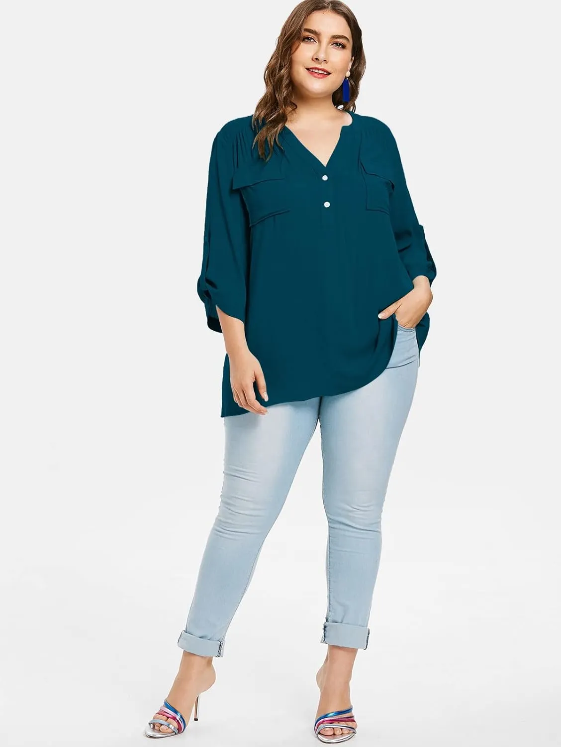 Women Plus Size Tops V Neck Button Up Tunic Tops Casual Long Roll Tab Sleeves Blouses Shirts with Pockets
