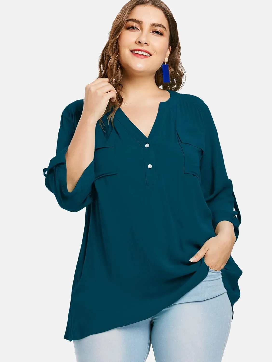 Women Plus Size Tops V Neck Button Up Tunic Tops Casual Long Roll Tab Sleeves Blouses Shirts with Pockets