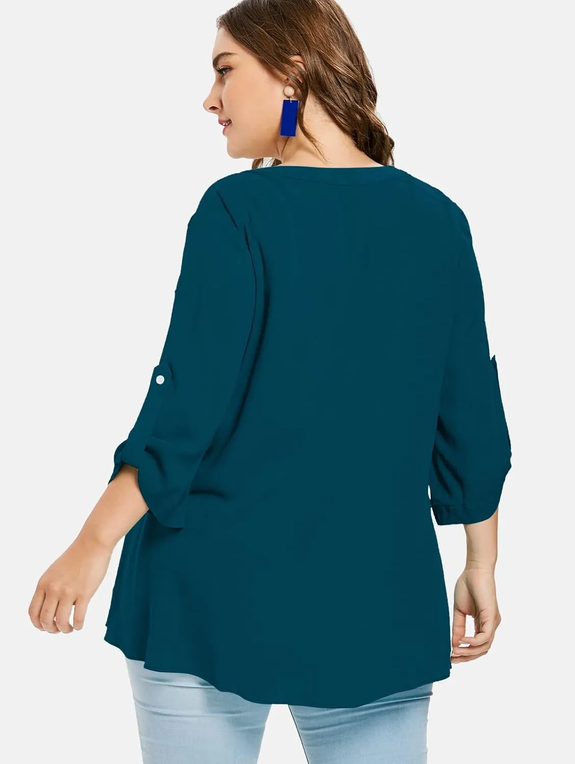 Women Plus Size Tops V Neck Button Up Tunic Tops Casual Long Roll Tab Sleeves Blouses Shirts with Pockets