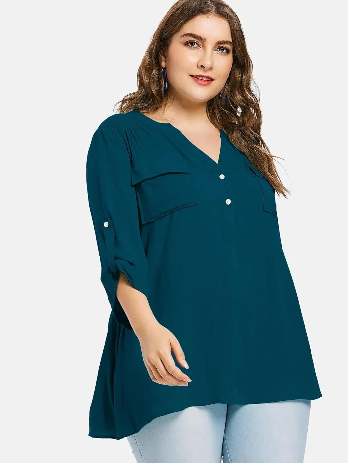 Women Plus Size Tops V Neck Button Up Tunic Tops Casual Long Roll Tab Sleeves Blouses Shirts with Pockets