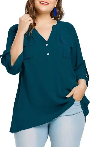 Women Plus Size Tops V Neck Button Up Tunic Tops Casual Long Roll Tab Sleeves Blouses Shirts with Pockets