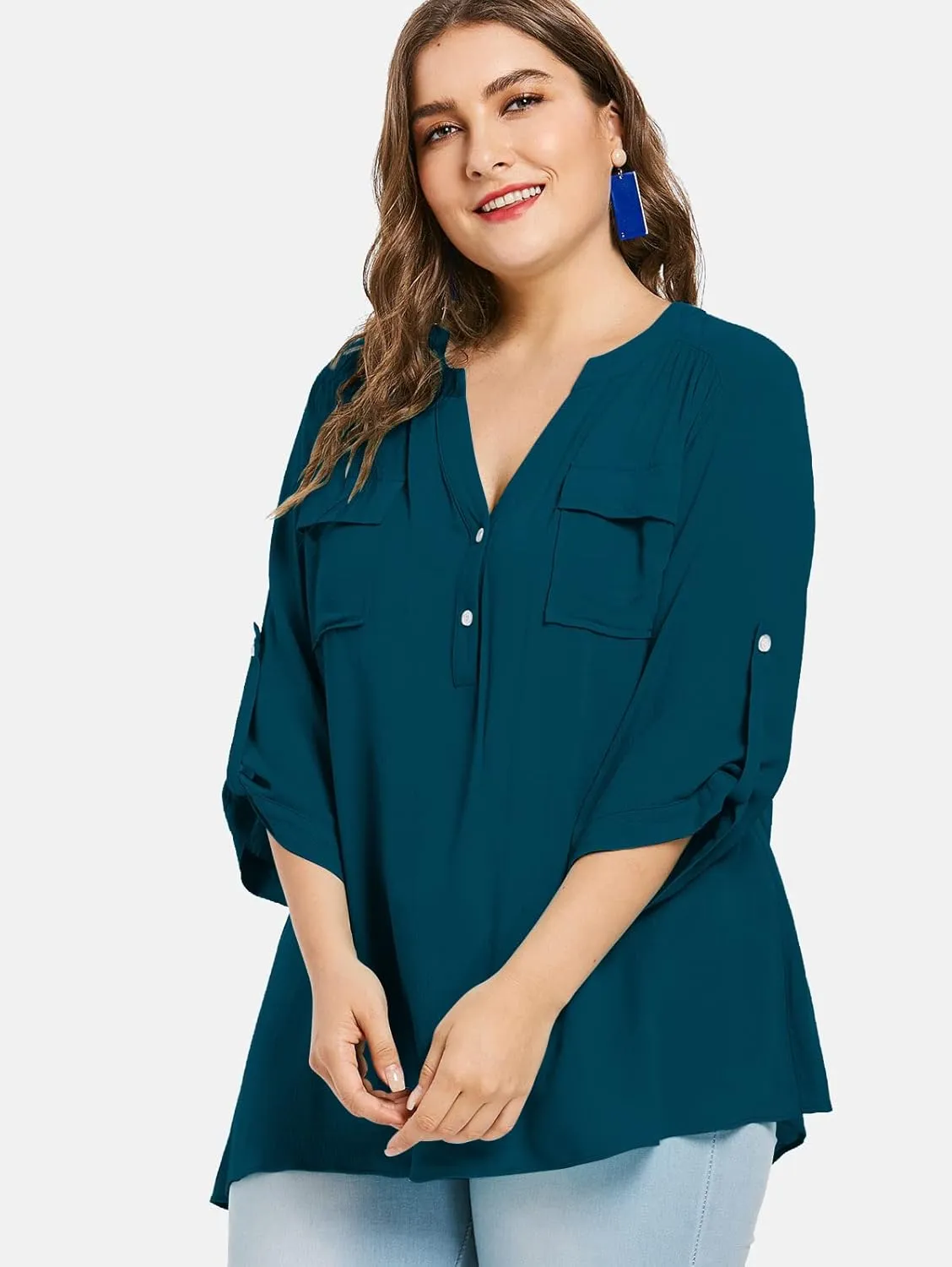 Women Plus Size Tops V Neck Button Up Tunic Tops Casual Long Roll Tab Sleeves Blouses Shirts with Pockets