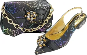 Women’S Blue Rhinestone Low Heels and Matching Bag Set with Square Heel for Elegant Weddings