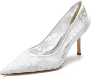 Women's Bridal Wedding Pumps - Lace Hook Flower Pointed Toe Stilettos with 3 Inch Heel, Elegant Bride & Bridesmaid Shoes for Prom, Ceremony & Reception Party