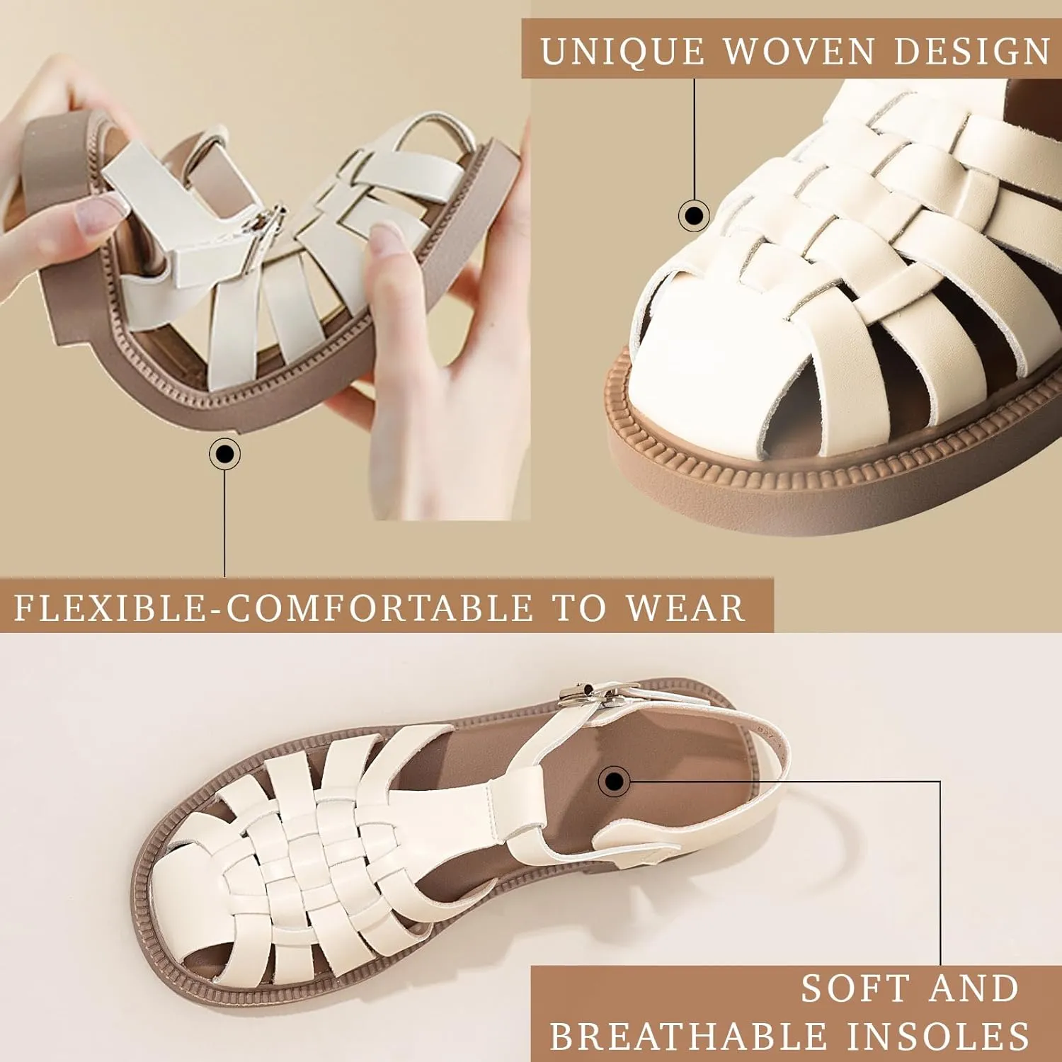 Women's Closed Toe Flat Fisherman Sandals Comfortable Summer Retro Leather Roman Sandals