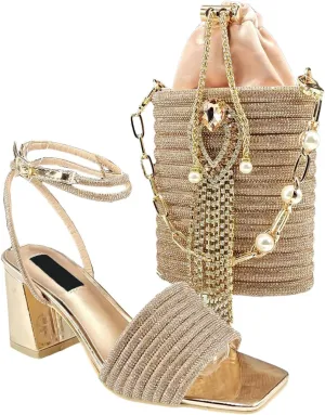 Women’s Designer Rhinestone Decorated Party Shoes and Shoulder Bag Combo Comfortable Heels for Formal Occasions