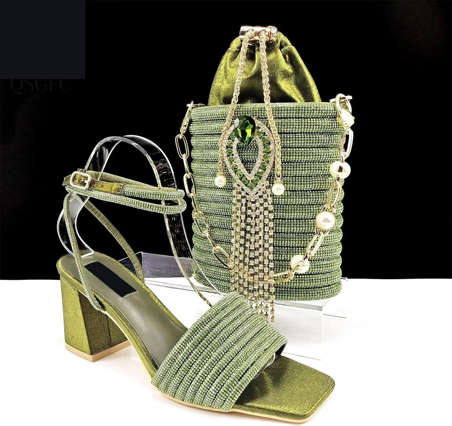 Women’s Designer Rhinestone Decorated Party Shoes and Shoulder Bag Combo Comfortable Heels for Formal Occasions