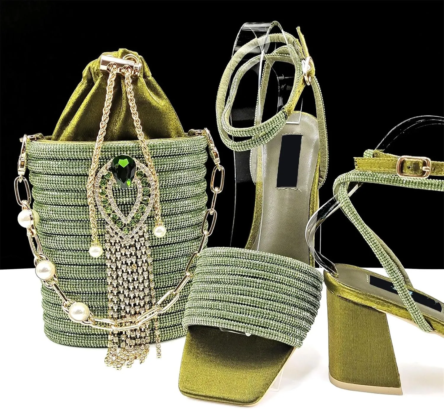Women’s Designer Rhinestone Decorated Party Shoes and Shoulder Bag Combo Comfortable Heels for Formal Occasions