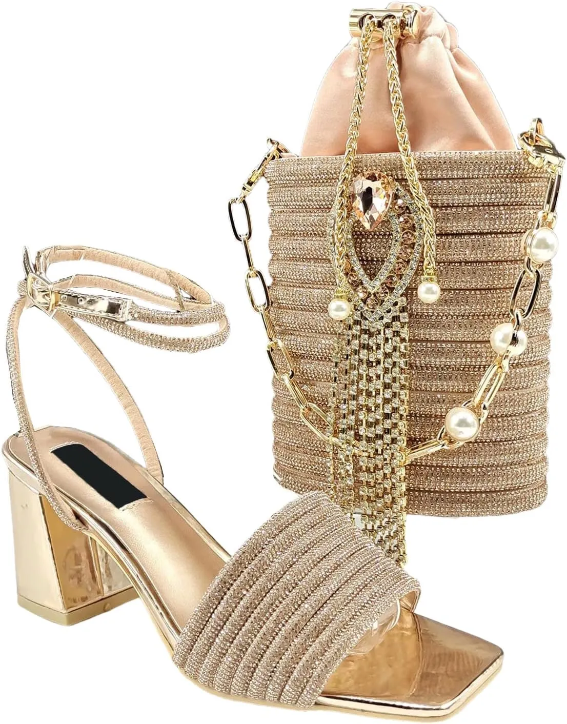 Women’s Designer Rhinestone Decorated Party Shoes and Shoulder Bag Combo Comfortable Heels for Formal Occasions