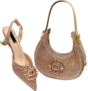 Womens Elegant Rhinestone Pattern Evening Shoes and Purse Combo Pointed Toe High Heels for Bridal Party