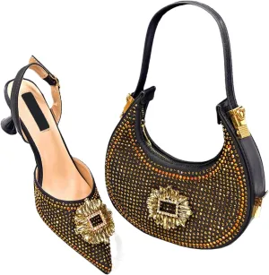 Womens Elegant Rhinestone Pattern Evening Shoes and Purse Combo Pointed Toe High Heels for Bridal Party