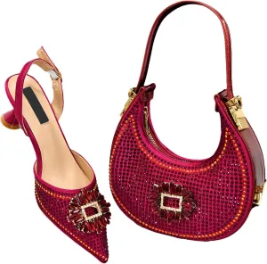 Womens Elegant Rhinestone Pattern Evening Shoes and Purse Combo Pointed Toe High Heels for Bridal Party