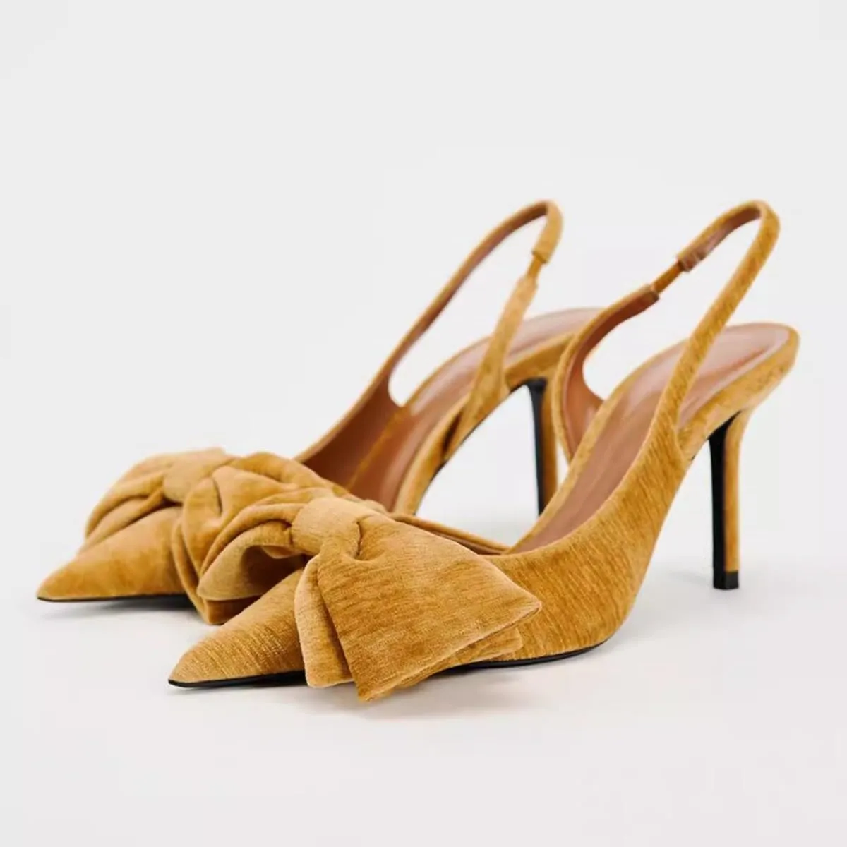 Women's Fabric Slingback High Heel Pump Bow Detail On The Front Elastic Strap Around The Back Pointed Toe Wedding Party Office Dance Shoes