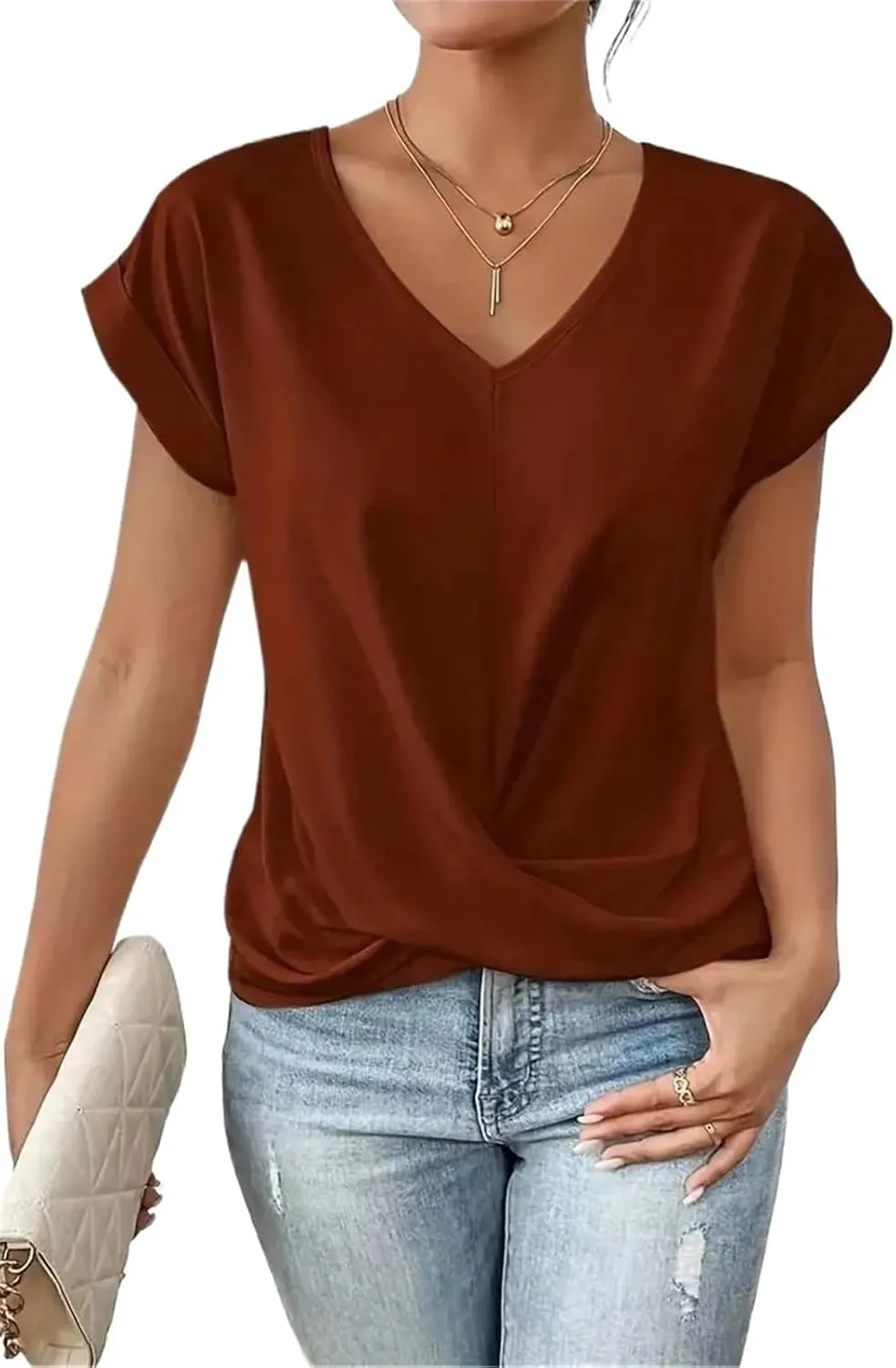 Women's Fashion Pleated Hem V Neck Pullover T Shirt Daily Solid Color Casual Commuter Short Sleeve Top Tees