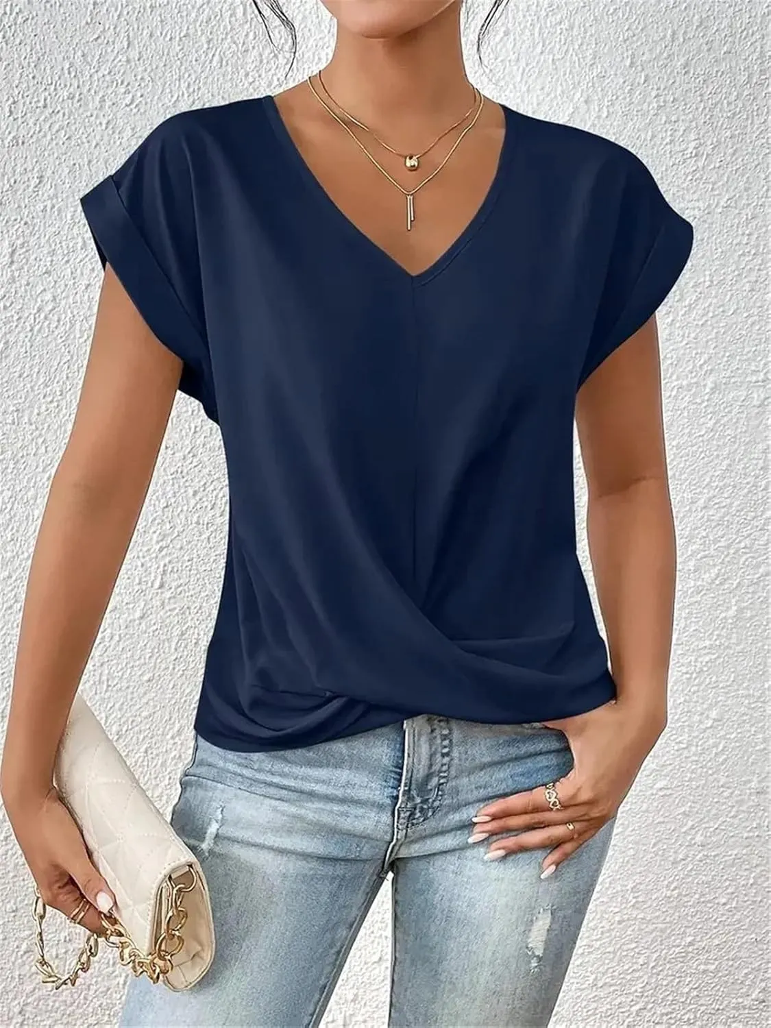 Women's Fashion Pleated Hem V Neck Pullover T Shirt Daily Solid Color Casual Commuter Short Sleeve Top Tees