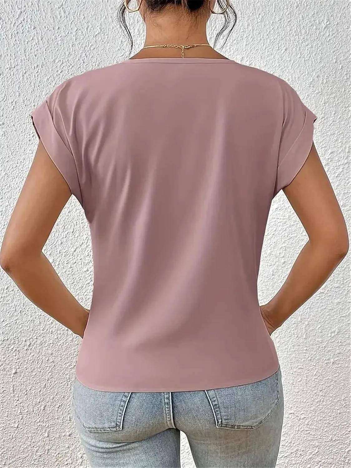 Women's Fashion Pleated Hem V Neck Pullover T Shirt Daily Solid Color Casual Commuter Short Sleeve Top Tees