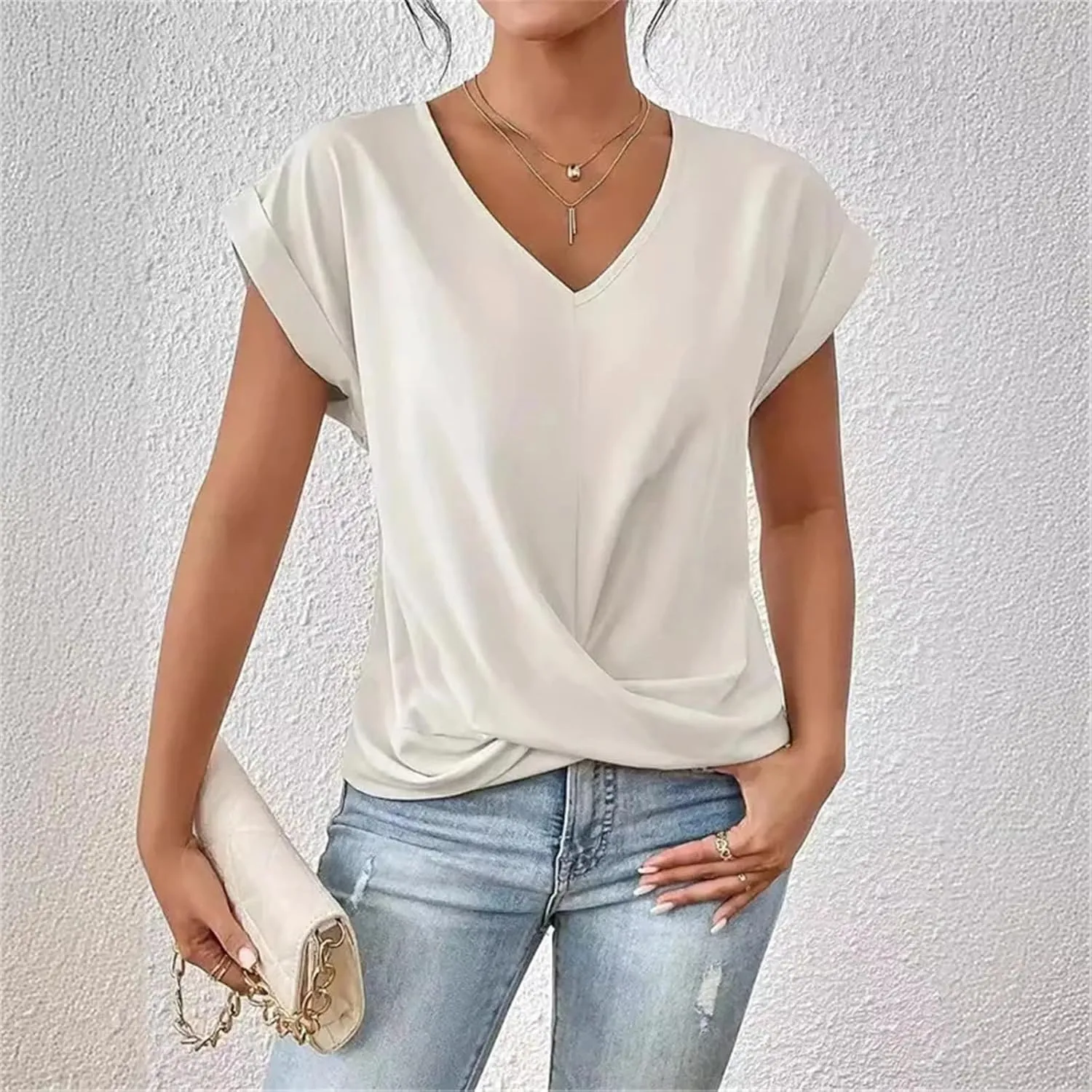 Women's Fashion Pleated Hem V Neck Pullover T Shirt Daily Solid Color Casual Commuter Short Sleeve Top Tees