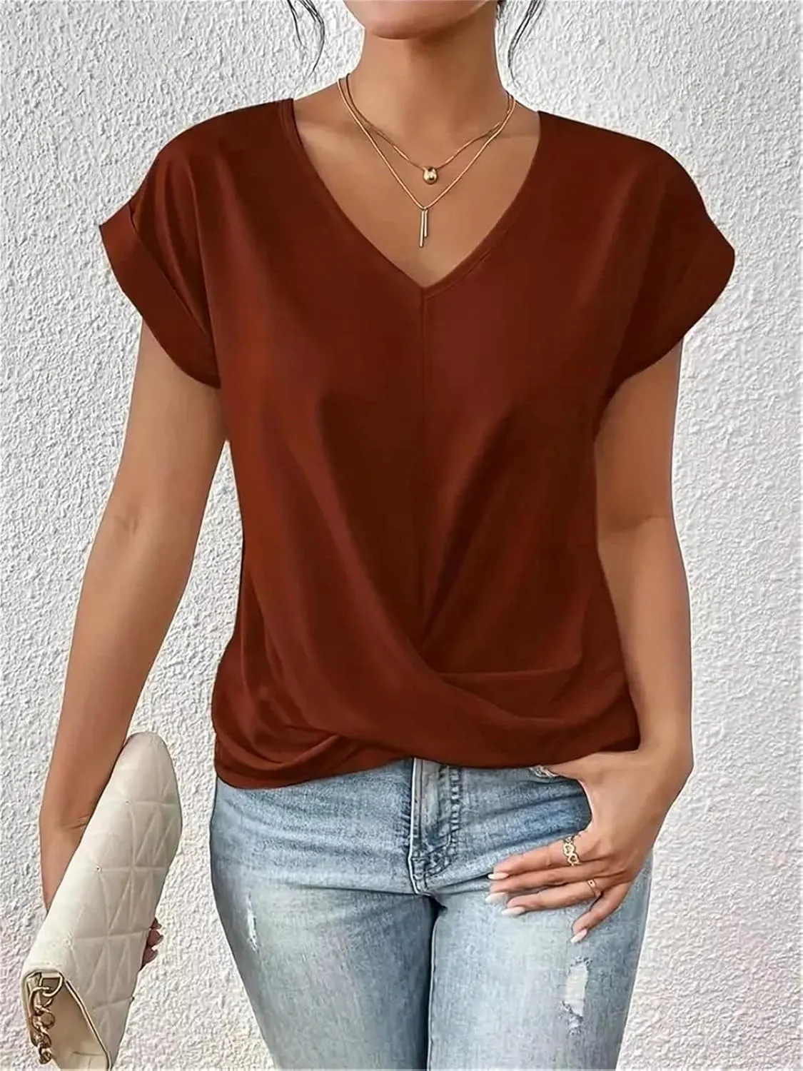 Women's Fashion Pleated Hem V Neck Pullover T Shirt Daily Solid Color Casual Commuter Short Sleeve Top Tees