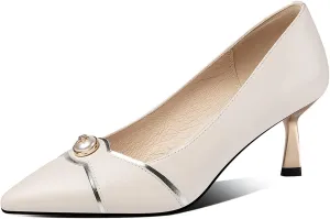Women's Handmade Genuine Leather Pointed Toe Sexy Metal Kitten Heel Pumps with Glitter Star Pearl