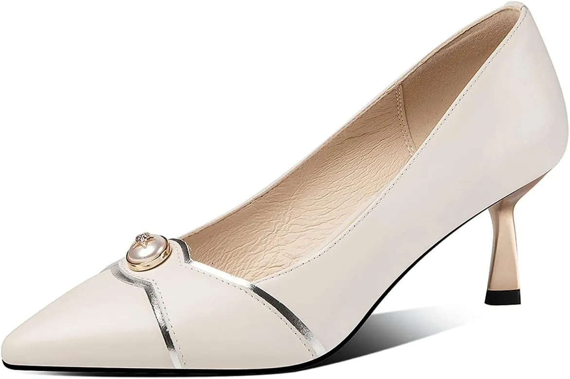 Women's Handmade Genuine Leather Pointed Toe Sexy Metal Kitten Heel Pumps with Glitter Star Pearl
