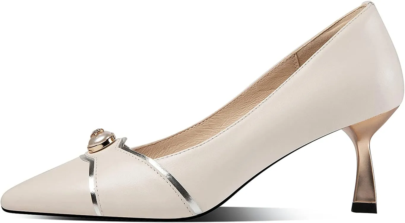 Women's Handmade Genuine Leather Pointed Toe Sexy Metal Kitten Heel Pumps with Glitter Star Pearl
