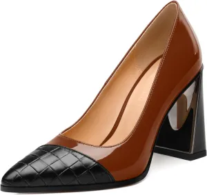 Womens Heeled Pumps, Pointed Toe High Chunky Heel Pupms for Women, Leather Insole Splicing Toe Pumps for Working, Wedding and Party 3.5"