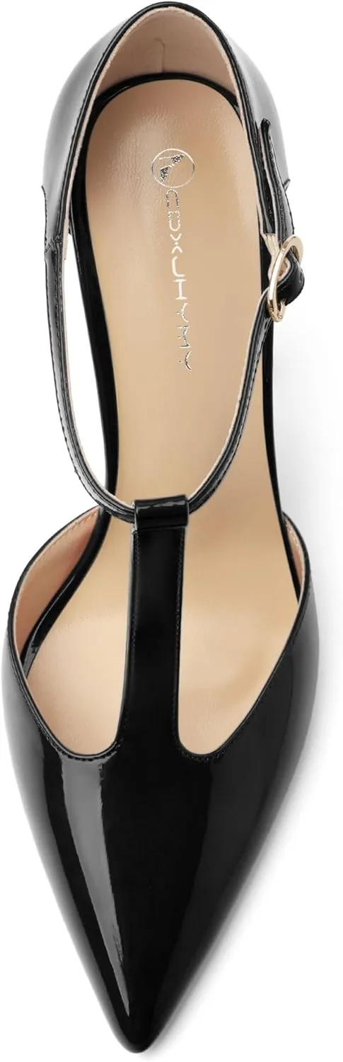 Women's High Heel Pumps, Simple Classic T-Strap Pointed Toe Dress Shoes,Party Dress Sandals3.9
