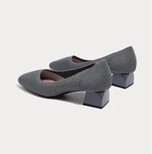 Women's Knit Chunky Heel Pumps Squar, Classic Knit Square Toe Pumps Shoes Slip On Casual Dress Shoes