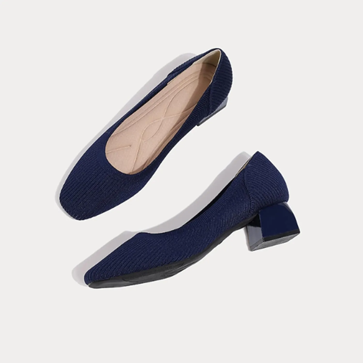 Women's Knit Chunky Heel Pumps Squar, Classic Knit Square Toe Pumps Shoes Slip On Casual Dress Shoes