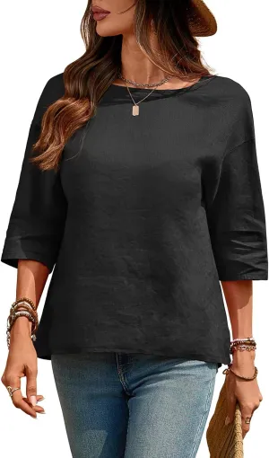 Women's Linen Blouses 3/4 Sleeeve Pure 100% Linen Crew Neck Tops Tshirts