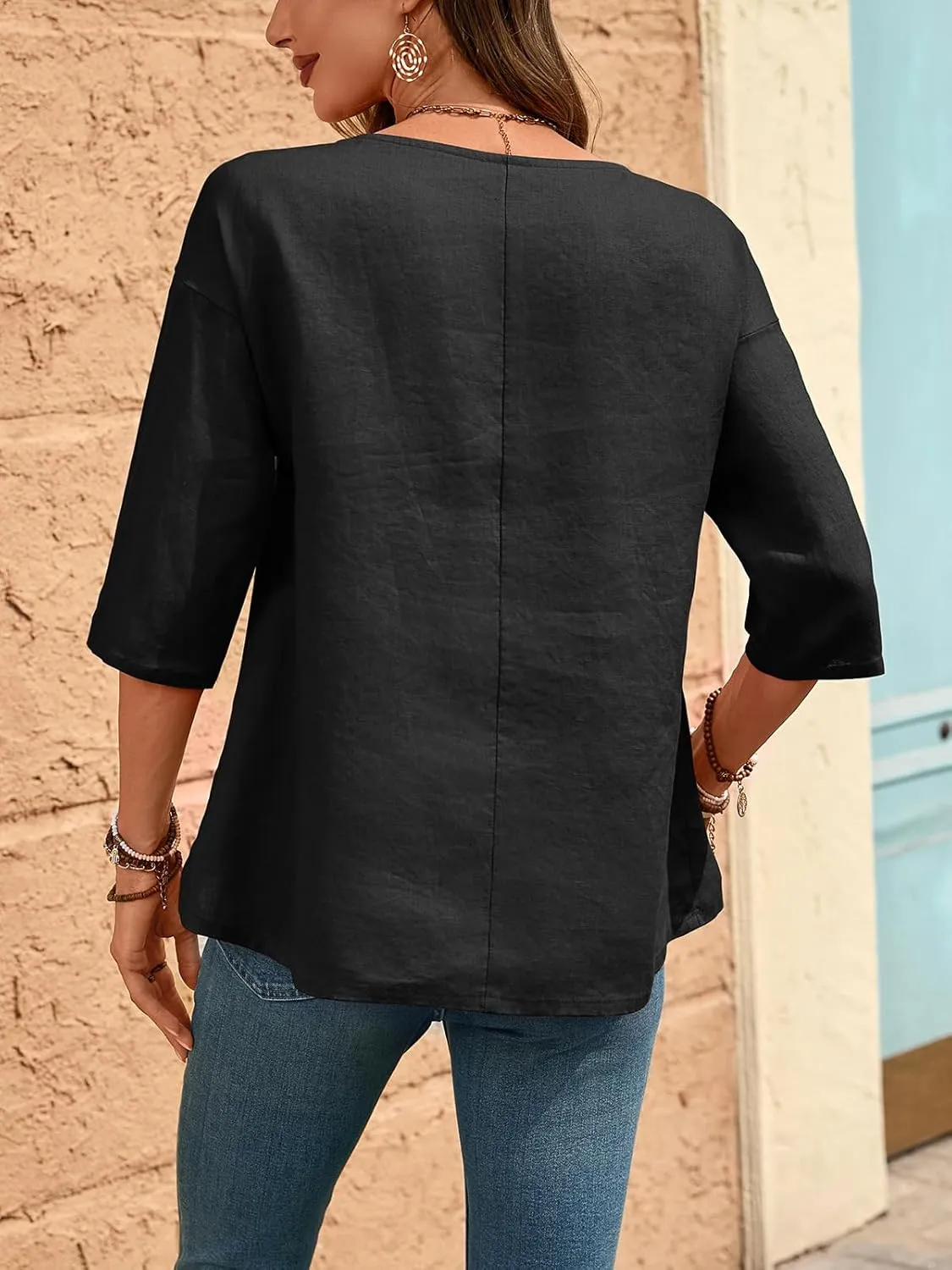 Women's Linen Blouses 3/4 Sleeeve Pure 100% Linen Crew Neck Tops Tshirts