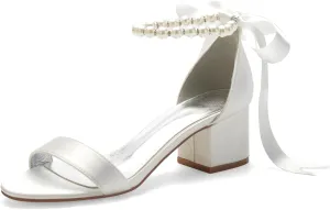 Women's Low Block Heel Sandals Chunky Ankle Strap Pearl Wedding Dress Shoes Low Heel Comfortable Pump Sandals