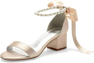 Women's Low Block Heel Sandals Chunky Ankle Strap Pearl Wedding Dress Shoes Low Heel Comfortable Pump Sandals