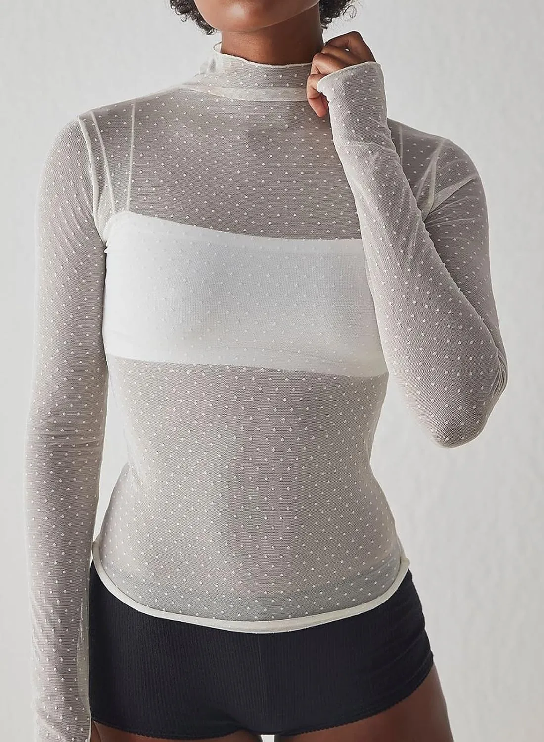 Womens Mesh Sheer Lace Laying Top Mock Neck Long Sleeve Polka Dot See Through Shirt Blouses Tops